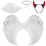 Hook Engelsflügel Weiß, Engel Kostüm Damen Set, Engelflügel Weiß+ 3X Zubehör, Engel Kostüm, Engel Kostüm Kinder, Kostümparty Halloween Verkleidung, mit 1x Rock, 1x Teufelshörne, 1x Heiligenschein