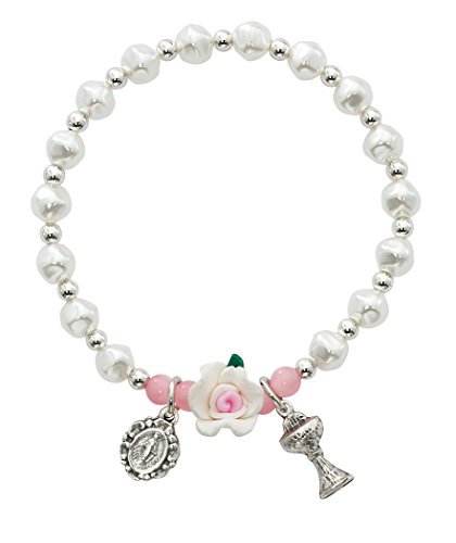 Image of McVan White and Pink Imitation Pearl Stretch Bracelet with Silver Toned Chalice