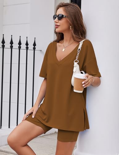 Image of Ekouaer Womens Pajamas 2 Piece Lounge Sets Oversized V Neck T-Shirts Tops Biker Shorts Set Workout Reversible Tracksuit S-XXL