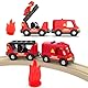 LiRiQi Holzeisenbahn Zug Feuerwehr-Löschzug, Eisenbahn Lok Kinder, Feuerwehr Leiterfahrzeug mit Licht und Sound, Zugset Spielzeug kompatibel mit Thomas, Brio, Spielzeugauto für Kleinkind Junge Mädchen