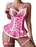 Mixxmix Lingerie Sets for Women Sexy Tummy Control Lace Up Busiter Corset Sexy Outfits for Christmas Hot Pink L