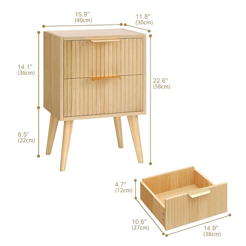 Image of YAUKOMEL Fluted Nightstand with 2 Drawers,Natural Bedside Table