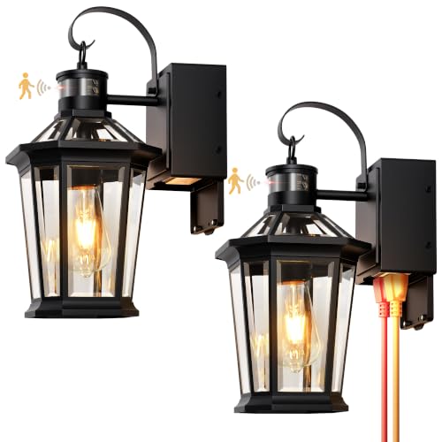 Image of Gleamz Motion Sensor Porch Light with GFCI Outlet, Black, 2-Pack