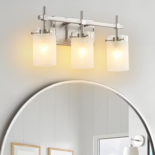 Image of 3-Light Brushed Nickel Vanity Light with White Linen Frosted Glass E26 Socket,Bathroom Light Fixture,Modern Wall Light Over Mirror(Bulbs Not Included)
