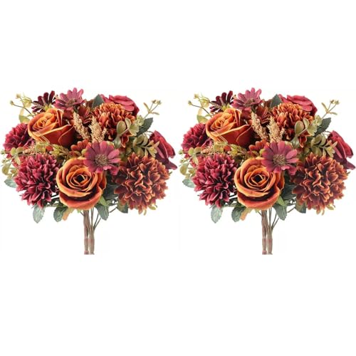 HUAESIN 4Pcs Künstliche Blumen Chrysantheme Kunstblumen Rose Seidenblumen Herbst Blumenstrauß Unecht für Hochzeit Party Halloween Vase Tischdeko Thanksgiving Dekoration Orange