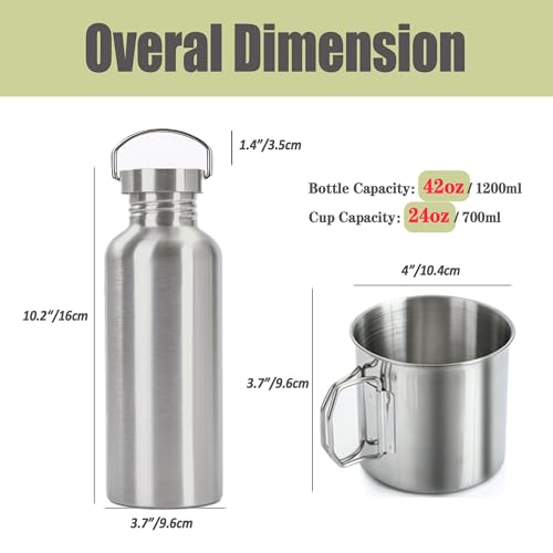 Cantimplora 3 en 1 para exteriores – Botella de agua de pared simple 42oz con taza anidada de 24oz y bolsa de transporte. Acero inoxidable 18/8 de boca ancha para camping, senderismo, supervivencia y kits de emergencia miniatura 2