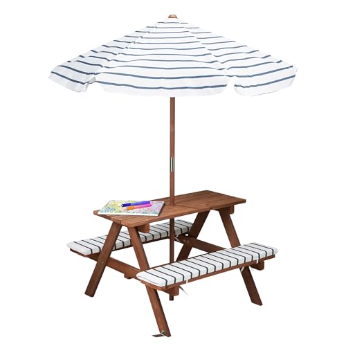 Spetebo Table de pique-nique en bois à partir de 2 ans avec parasol et rembourrage – 75 x 75 cm – Salon de jardin pour enfant – Charge maximale : 80 kg – Salon...