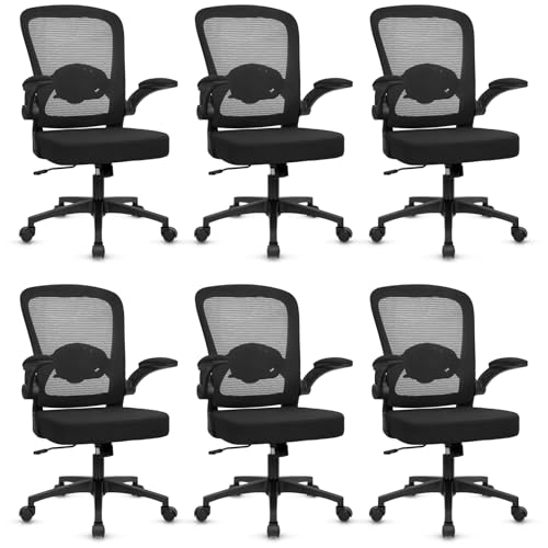 Image of KLASIKA Desk Chairs with Wheels, Ergonomic Mesh Back Home Office Chair Adjustable Lumbar Support and Height Swivel Rolling Computer Task Chairs with Flip Up Armrests for Conference Meeting, Black, 6PK