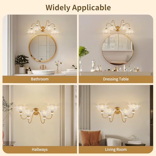 Image of Vintage Matte Brass Finish Bathroom Vanity Light, 4-Light Vanity Light with Floral Glass Shades, Retro Wall Mount Lighting for Bathroom, Dressing Table