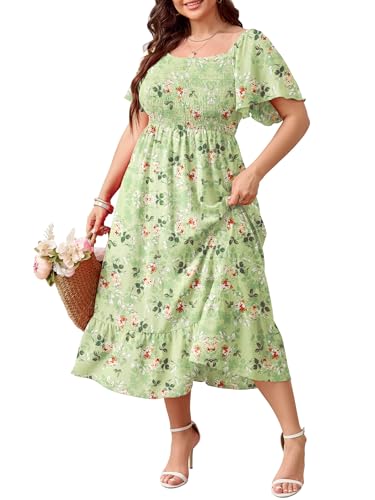 Image of SCOMCHIC Women's Plus Size Summer Dress Casual Short Sleeve Scoop Neck Maxi Dress Smocked Ruffle Boho Flowy Long Dresses