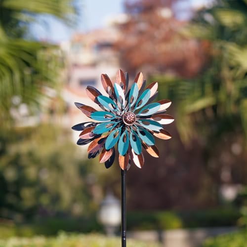 Image of VEWOGARDEN 360 Outdoor Metal Wind Spinners Kinetic Wind Sculptures & Spinners for Yard Garden Lawn Patio Decorations, Blue & Bronze
