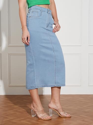 Image of Miss Chase Women's Regular High Rise Above Knee Stretchable Denim Skirt
