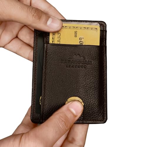 Image of KARAKORAM LEATHER Handcrafted Front Pocket Credit Card Holder with RIFD Blocking | Premium Cowhide | Artisan Made Slim Leather Wallet | Quick Access Thumb Push Slots for Cards and ID (Mountain Mocha)
