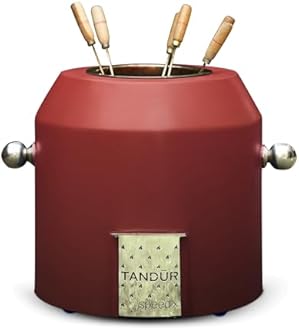 by Speedx- Charcoal Tandur with 4 Skewers | Home Cooking Tandoor Crafted with a Blend of Clay & Metal, (20x20x20) Inches, Cylindrical (Maroon)