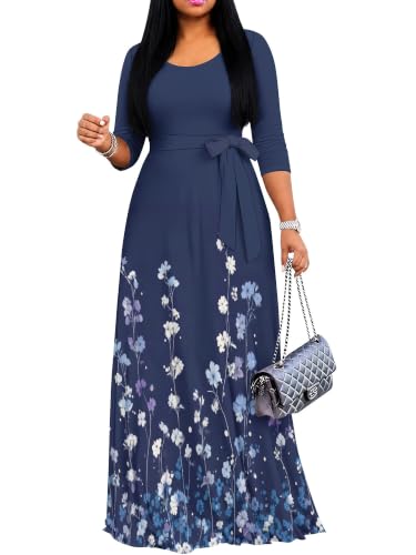 Image of PinkPatty Plus Size Maxi Dress for Women Casual V Neck 3 /4 Sleeve Boho Printed Long Dress with Pockets