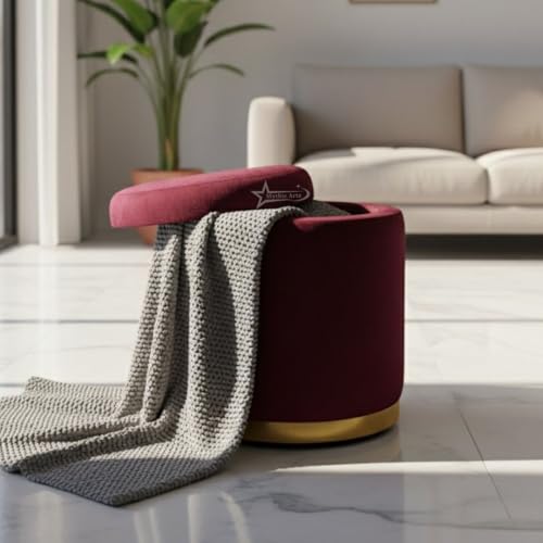 Image of Velvet Round Single Strip Ottoman Office Stool Foot Rest Stool Velvet Fabric Padded Seat Pouf Ottoman 16 X 16X 19 inch, in Round Shape for Living Room Maroon