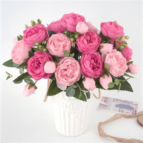 Image of HoYuanFlo Artificial Peony Flowers Silk Peony Rose Real Touch Fake Flowers 3pcs Single Stem with 5 Heads Bouquet for Home Wedding Party Decoration (Pink)