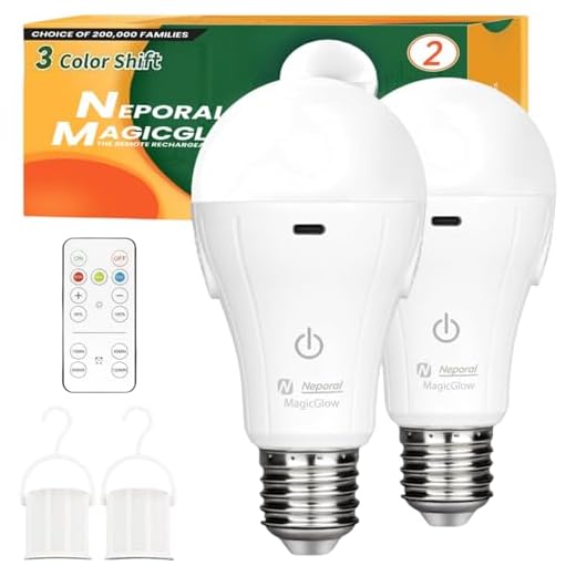 Neporal MagicGlow Rechargeable Light Bulbs with Remote, 3 Colors Shift + Dimmable Battery Powered Light Bulbs, USB Rechargeable, A19 Standard Emergency LED Light Bulbs, 15W, Up to 24 Hours, 2 Pack