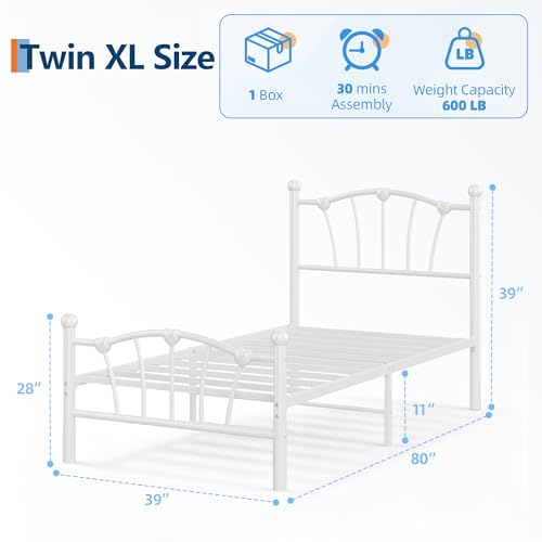 IDEALHOUSE Twin XL Bed Frame for Kids, Twin XL Size Bed with Headboard and Footboard, Heart Shaped Platform Bed Frames, Heavy Metal Slat Support, Noiseless, No Box Spring Needed, White by IDEALHOUSE - Used condition - Image 2