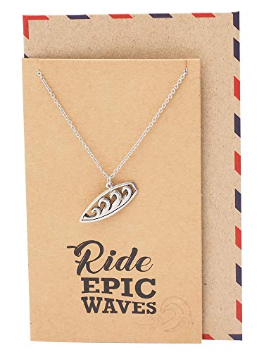 Quan Jewelry Surfboard Necklace, Ocean Waves Pendant Charm, Gifts for Beach Lovers Boho Look, Gifts for Surfer Girl, Silver Tone, Handmade with Inspirational Quote Card