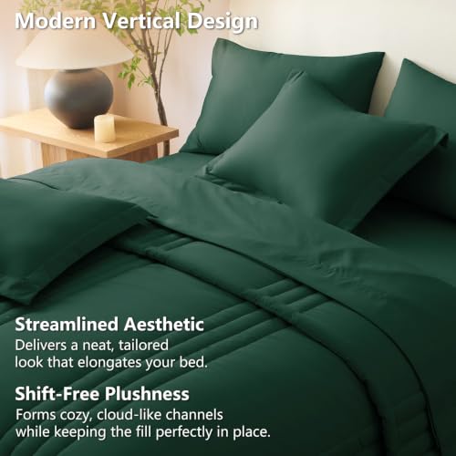 Image of CozyLux Full Size Comforter Sets Emerald Green - 7 Pieces Bed in a Bag, Modern Vertical Quilted Room Decor, Soft All-Season Bedding Gift with Comforter, Sheets, Pillowcases & Shams
