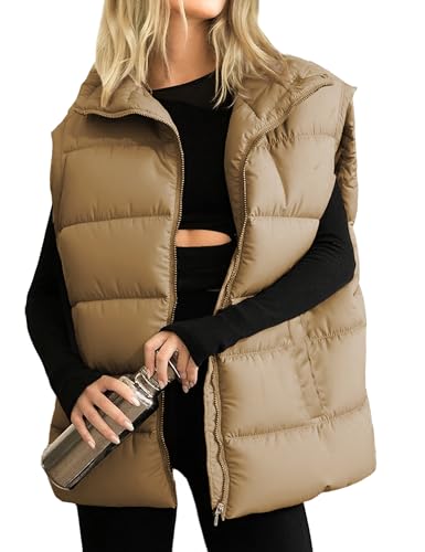 Huaqiao Chaleco acolchado para mujer, cuello alto, sin mangas, con cremallera, chaleco de invierno, Caqui, M
