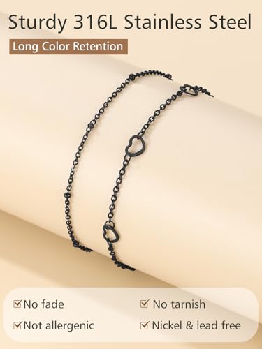 Image of FindChic Black /Silver /Gold Plated Anklets Set of 2PCS /3PCS Herringbone Chain Cuban Link Heart Charm Sparkling Tennis Ankle Bracelets, Waterproof Summer Foot Jewelry for Beach