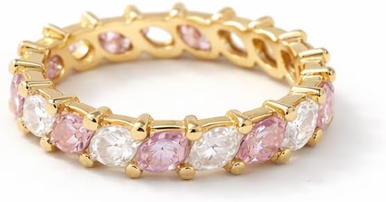 14K Yellow Gold Pink Sapphire and Diamond Eternity Band for Women Round Cut Prong Set Wedding Band Stackable Anniversary Bridal Band Fine Jewelry Gift for Her