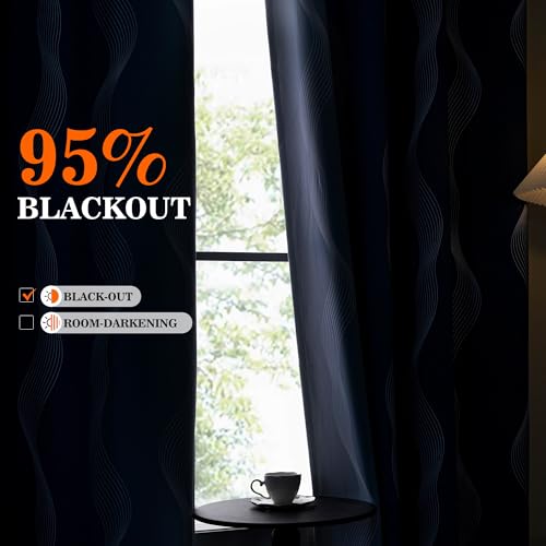 Image of MYSKY HOME Navy Blue and Greyish White 95% Blackout Ombre Patterned Curtains 96 inch Long 2 Panels Set for Living /Dining Room Thermal InsulatedGeometric Print Design Grommet Drapes, 52 inch W Each Panel