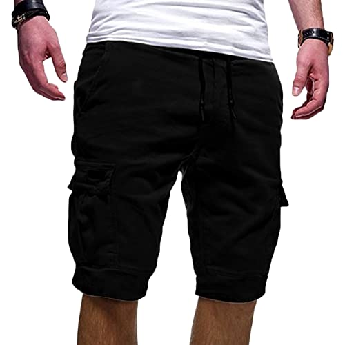 Maiyifu-GJ Men's Elastic Waist Cargo Shorts Casual Relaxed Fit Multi Pockets Short Lightweight Outdoor Military Short Pants (Black,XX-Large)