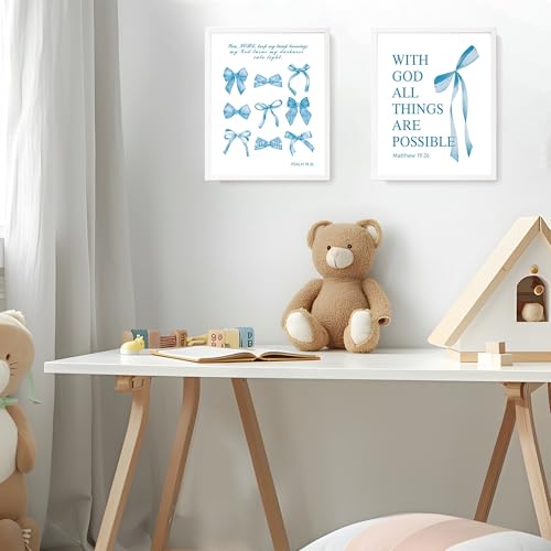 Image of LARTSFRO Coquette Blue Bow Bible Wall Art Decor Poster, Blue Bow Bathroom Decor, Aesthetic Teen Girl Living Room Bathroom Decor, Trendy Gifts for Women Teens Teen Girls, 10x8 Inch Set of 4 Unframed