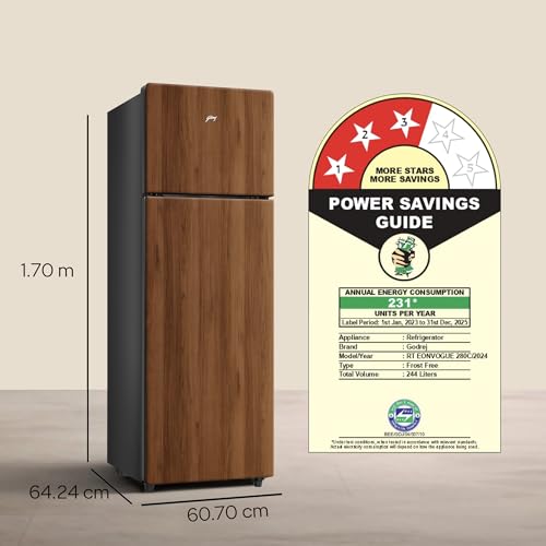 Image of Godrej 244 L 3 Star Wood Finish, 30 Days Farm Freshness, Frost Free Inverter Double Door Refrigerator (RT EONVOGUE 280C RI WT WD, Walnut Wood)