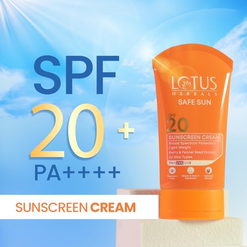 Image of Lotus Herbals Safe Sun Sunscreen Cream - Breezy Berry | SPF 20 | PA+ | Sweat & Waterproof | Non-Greasy | 50g