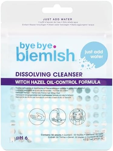 Bye Bye Blemish Dissolving Cleanser Sheets – Witch Hazel Oil-Control Face Wash, Water-Activated Facial Paper Soap for Acne-Prone Skin, Removes Dirt & Excess Oil, 50 pcs