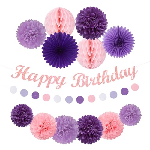 Image of Purple Pink Birthday Party-Decorations Paper-Flowers - 14pcs Happy Banner Lavender Lanterns Tissue Pom Poms,Lilac Streamers Garland Fans Honeycomb,Women Girls Adult Kids Hanging Supplies Decor Hugfond