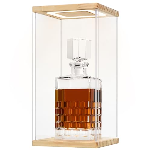 DIWNELEM Wood Acrylic Bottle Display Case with LED Light, Acrylic Glass Holder - Dustproof for Red Wine, Champagne, Liquor, Whiskey, Beer - 5.9*5.9*11.8