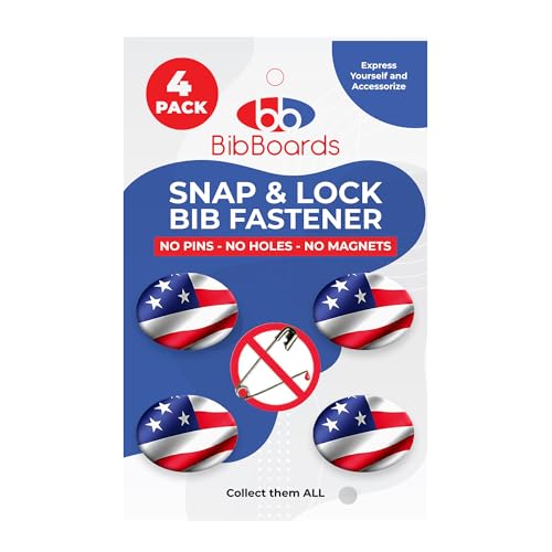 bibSNAPS Race Bib Clips - Safety Lock Fasteners - Secures Running, Marathon, Cycling and Event Number, Non Magnetic, Easy to Use, Soft & Reusable - Replacement for Pins & Magnets - USA Flag (4pcs)