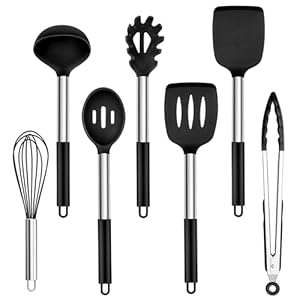Homikit Küchenhelfer, 7 Stück Silikon Küchenutensilien Kochutensilien Set mit Edelstahlgriff, Schwarz Antihaft Hitzebeständiger Kochbesteck zum Kochen, Ungiftig, Leicht zu Reinigen & Spülmaschinenfest