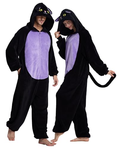 ANMIBOBU Adult Onesie Pajamas Unisex Animal Cosplay Halloween Costume One Piece Plush Sleepwear Homewear Purple Cat-XL