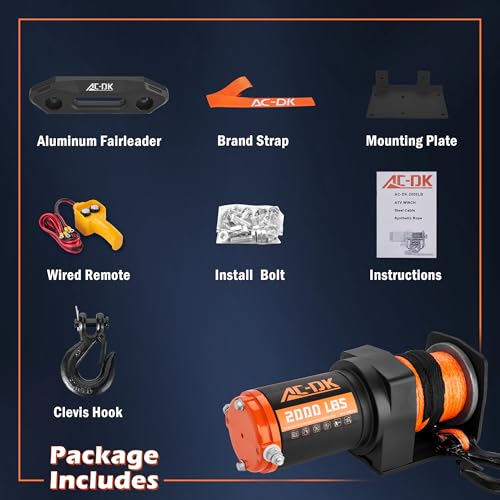 Image of 12V 2000-lb. ATV /UTV Electric Winch, Off-Road Synthetic Rope Winch for Trailer Boat RV Towing Winches, ATV /UTV Winch with Big Yellow Wired Remote and Winch Mounting Plate.