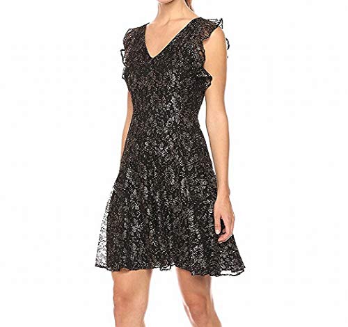 Tommy Hilfiger Women s Floral Mesh Lace Dress with Flutter Sleeve, Black Gold, 12