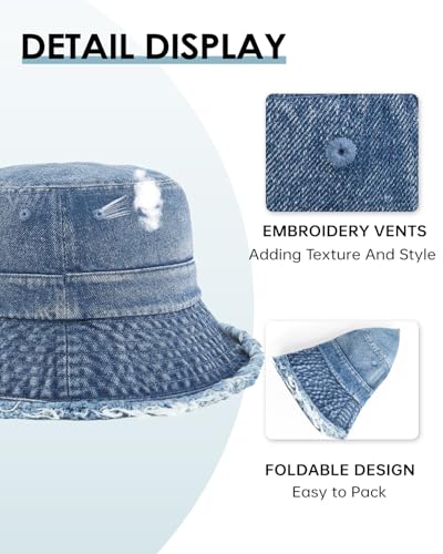 Image of Zylioo Oversized Denim Bucket Hat, XXL XL L M Fisherman Sun Hat with Chin Cord, Washed Jean Packable Summer Travel Hat