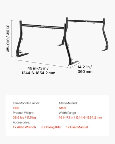 Image of VEVOR Truck Ladder Rack, 49-73 in Width, Extendable Universal Cargo Rack, Heavy Duty Steel with 800 lbs Static Load Capacity, Ideal for Canoes, Surfboards, Ladders, Lumber, Tents, and Large Cargo
