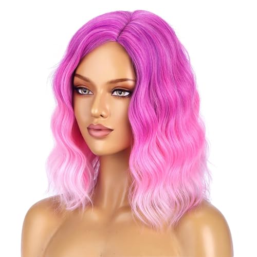 Image of BERON Rose Pink Wigs for Women Short Curly Wavy Wig Girls Middle Part Ombre Pink Purple Colorful Body 14 Inch Heat Resistant Synthetic Hair Wig Cosplay Daily Party Wigs