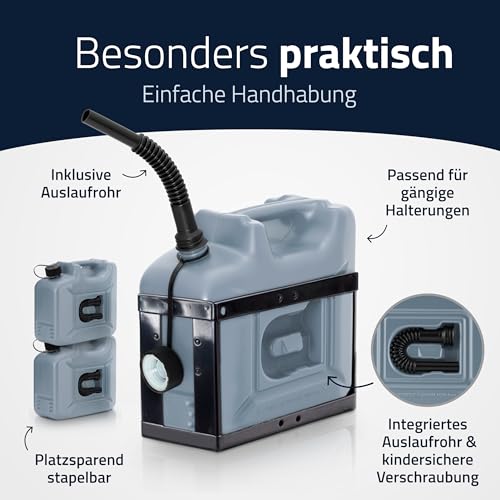 hünersdorff Kraftstoff-Kanister PROFI 10l für Benzin, Diesel und andere Gefahrgüter, UN-Zulassung, made in Germany, TÜV-geprüfte Produktion, grau