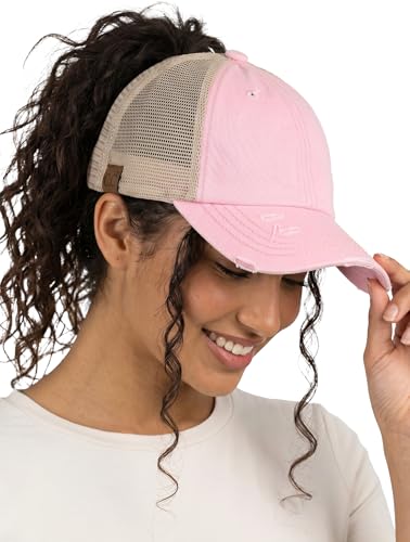 Funky Junque Women's Distressed Criss Cross Ponytail Hat, Funny Messy Bun Ball Cap, Adjustable - Beige Mesh - Light Pink - Distressed