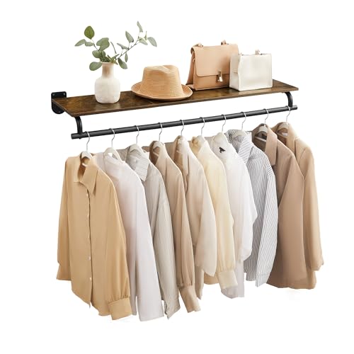 SONGMICS Clothes Rack with Top Shelf, Wall Mounted Clothing Rack, with Hanging Rod, Loads up to 77 lb, 11 x 42.9 x 5.2 Inches, Entryway, Bedroom, Closet, Rustic Brown and Ink Black UHSR135B01