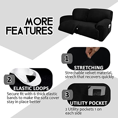 Ulticor Extra Wide 75" - 100", Reclining 2 Seater Sofa, Extra Wide Reclining Love Seat Slipcover, 6-Piece Velvet Stretch, Reclining Sofa Covers, Thick, Soft, Washable (Black) #TOP2