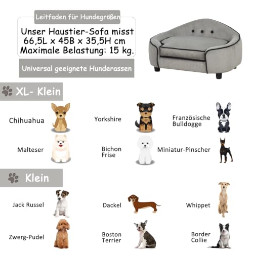 PawHut Haustiersofa, Hundebett, Hundematte, Hundesofa, Naturholz+Plüsch, Grau, 66,5 x 45 x 35,5 cm