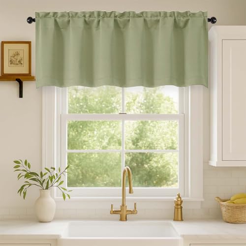 WelvetBLK Sage Green Valances for Windows, Soft Solid Decorative Blackout Small Curtains 1 Panel, Modern Rod Pocket Short Curtains for Bathroom Basement, Sage Green, 60" Wx18 L